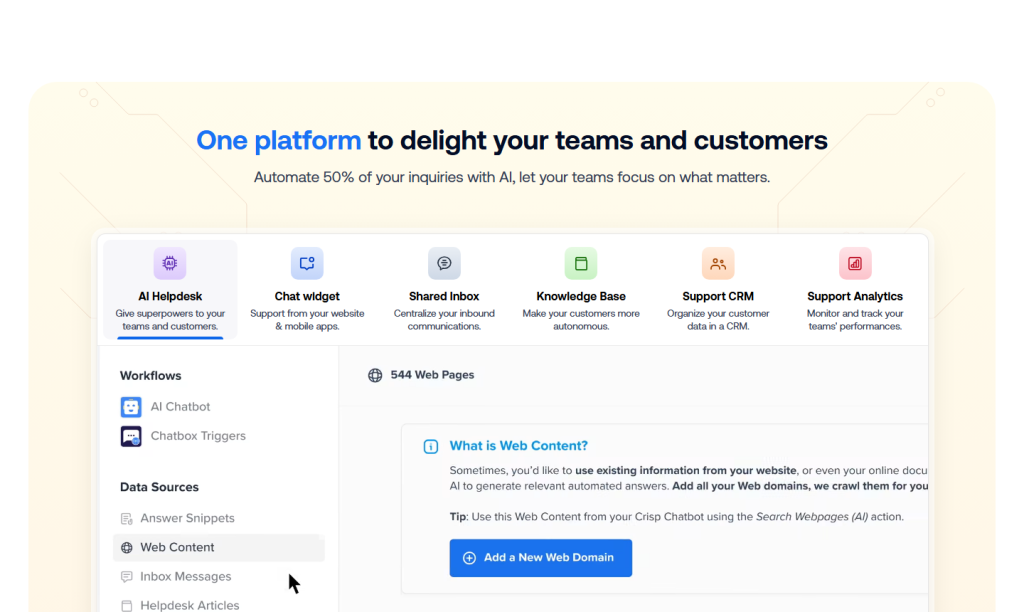 Crisp AI support platform showing the AI helpdesk, chat widget, shared inbox and knowledge base