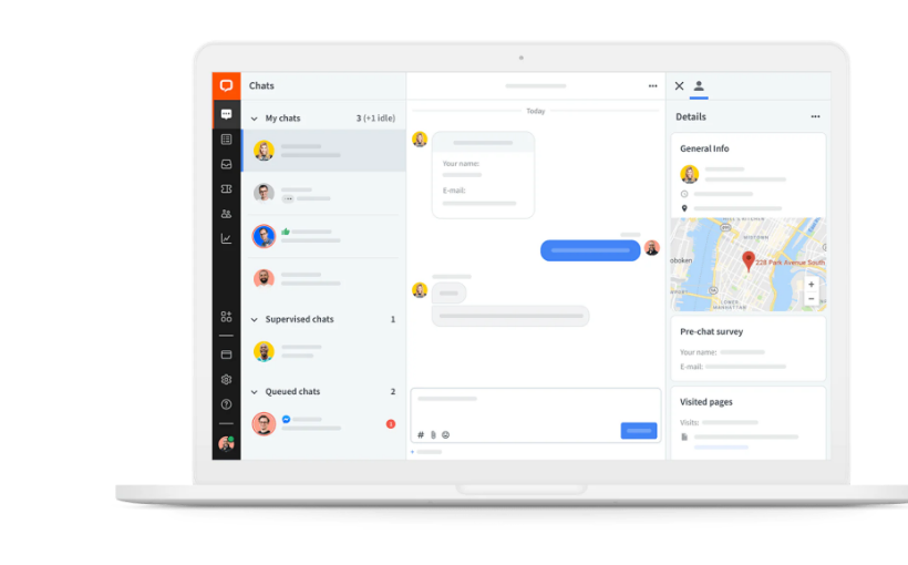 LiveChat agent app interface showing the shared inbox and real-time visitor tracking