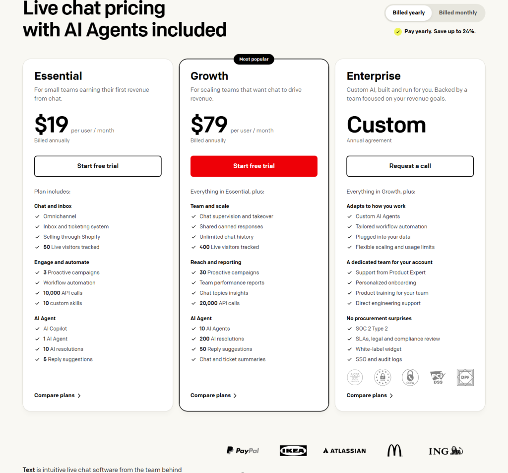 LiveChat pricing page showing the Essential plan at $19 per user per month